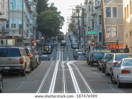 SAN FRANCISCO, USA - FEBRUARY 07, 2013: Pedestrian and car traffic in the city of San Francisco in California USA
