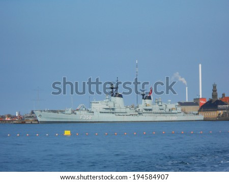 COPENHAGEN, DENMARK - MARCH 30, 2014: HDMS Peder Skram F352 frigate of the Royal Danish Navy now docked at Holmen in Copenhagen as a museum ship