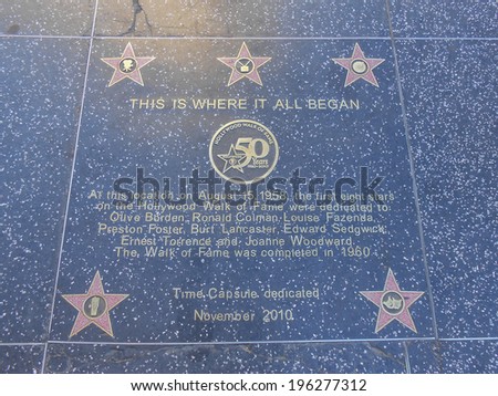 LOS ANGELES, USA - FEBRUARY 01, 2013: The Hollywood Walk of Fame in Los Angeles comprises over 2500 terrazzo brass stars embedded in the sidewalks of Hollywood Boulevard since 1958