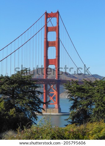 The Golden Gate suspension bridge spanning the Golden Gate strait channel between San Francisco Bay and the Pacific Ocean
