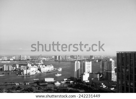 View of the city of Tokyo in Japan in black and white