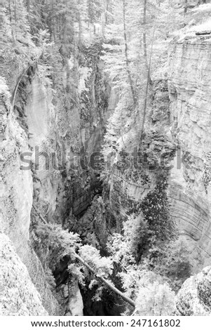 Maligne Canyon in Jasper National Park in Alberta Canada in black and white