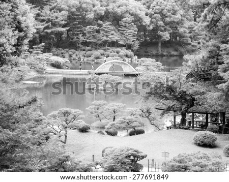 Shukkei En garden in Hiroshima Japan in black and white