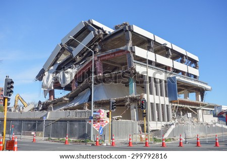 CHRISTCHURCH, NEW ZEALAND - JUNE 11, 2015: Ruins of buildings destroyed in the 2011 earthquake are still visible today in town