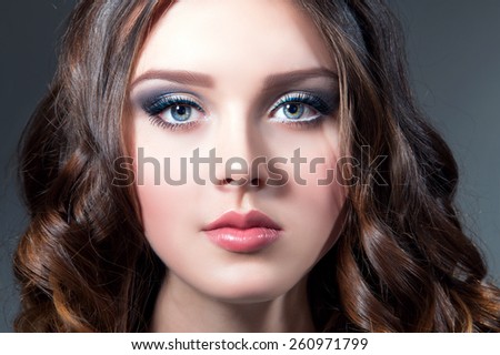 Beauty Face Closeup. Trendy Eyebrows Make up. Blue Eyes. Beautiful Young Woman. Perfect Fresh Skin.