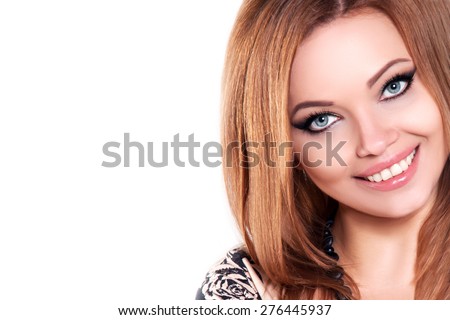 Beautiful Female Smile with Whiten Healthy Teeth. Beauty Smiling Young Woman Face Closeup Portrait. Perfect Fresh Natural Looking Skin. Isolated on White Background.