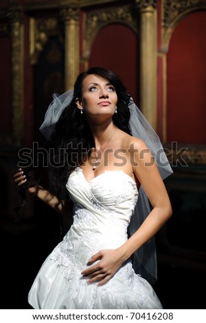 beautiful girl in a wedding dress with veil looking up