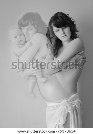 pregnant woman and the same woman holding a baby