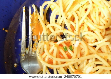 The Close up spaghetti fusion food with folk