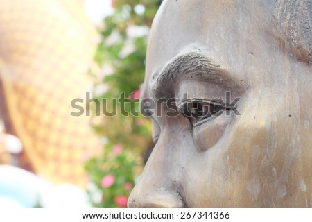 Close up face of Buddhist saint statue,lateral side