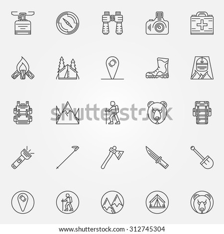 Hiking icons - vector set of camping symbols or logo elements in thin line style. Recreation signs