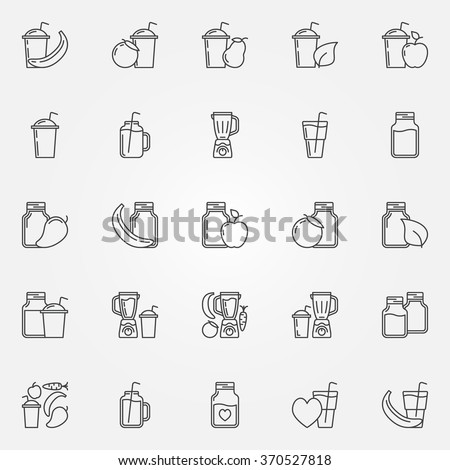 Smoothie icons set - vector thin line smoothie jar or glass symbols. Fresh fruits juices signs. Blender pictograms