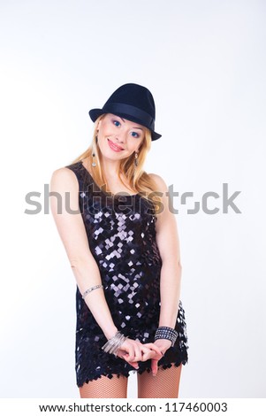 blond hair beautiful woman in black sequin dress on white background