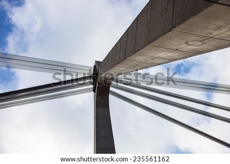 Pylon and cables of the Moskovskiy cable-stayed bridge in Kyiv, Ukraine
