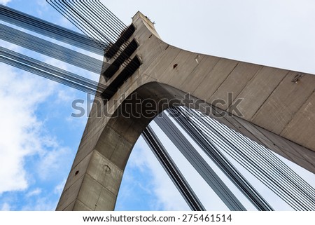 Pylon and cables of the Moskovskiy cable-stayed bridge in Kyiv, Ukraine