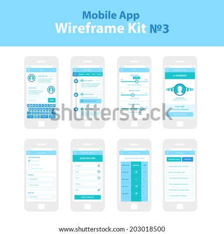 Mobile App Wireframe Ui Kit 3. Chat screen, messages screen, filters screen, manage members screen, search filter screen, schedule meeting screen, compare plans screen, premium plan screen.