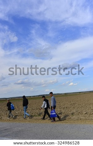 Group of Afghan refugees leaving Serbia. They came to Sid by taxi and then they leaving Serbia and go to Croatia and then to Germany. October 4, 2015; Sid in Serbia.