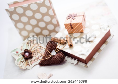 Close up picture of gift set on artistic copy space background