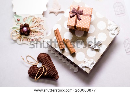 Close up image of gift set on artistic copy space background