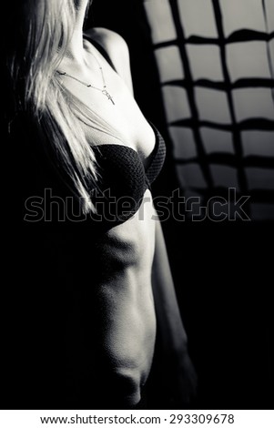 Silhouette of sexy beautiful girl with perfect fit body, black and white picture