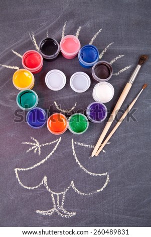 Gouache colors on a school blackboard in the form of decorative human