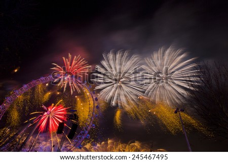 LONDON - JANUARY 01, 2015: A spectacular firework display in Westminster celebrating the New Year, January 01, 2015 in London, England.