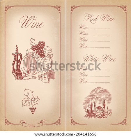 wine list, grapes, barrel, paper, wine