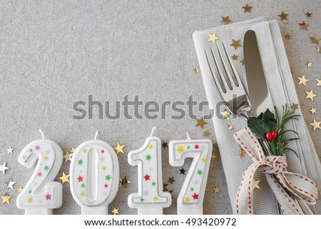 Happy New Year 2017 table place setting, holidays copy space background