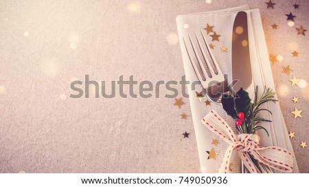 New Year eve 2018, Christmas food lunch, dinner table place setting, festive background