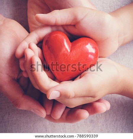 adult and child hands holding red heart, health care, love, donate, insurance and family concept
