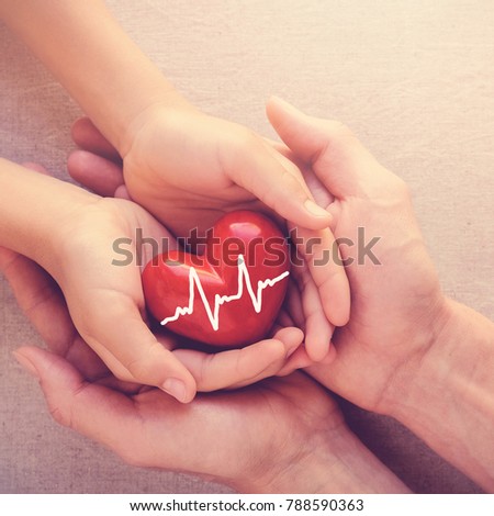 adult and child hands holding red heart, health care, organ donation and family insurance concept