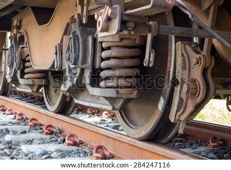Industrial rail car wheels closeup photo,train wheel