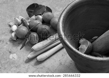 Black and white mortar and pestle, thai cooking tool