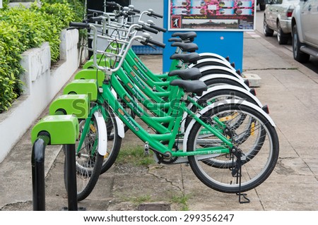UDONTHANI, THAILAND - JULY 24: Some bicycles of the bike rental service in Udonthani, Thailand on July 24, 2015. Bike sharing service that people can rent bicycles for short trips.