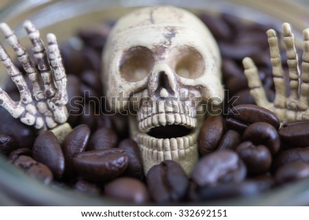 Skull of skeleton on coffee bean in glass bottle