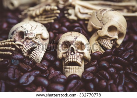 Retro Style of Skull on coffee bean ,Still life of Coffee and skull