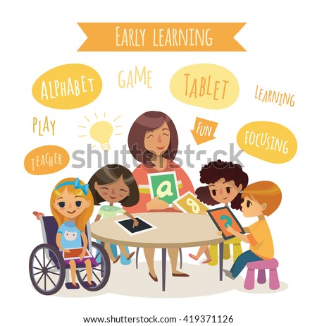 Group of Children and Tutor with tablets sitting at the desk. School lesson illustration. Preschool lesson. Modern education using devices. Caring for the disabled child Handicapped Kid. Vector