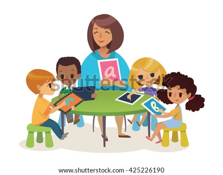 Group of Happy Children and Tutor with tablets sitting on a desk. School lesson illustration. Preschool lesson. Contemporary education using the devices. Vector. Isolated.