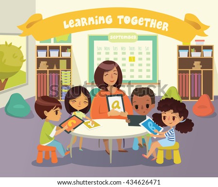 Group of Children and Tutor with tablets in a classroom. School lesson illustration. Education using the devices. Preschool lesson. Contemporary education using the devices. Vector. Isolated.