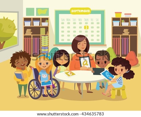Group of Children and Tutor with tablets in a classroom. School lesson illustration. Education using the devices. Caring for the disabled child. Handicapped Kid. Vector. Isolated.