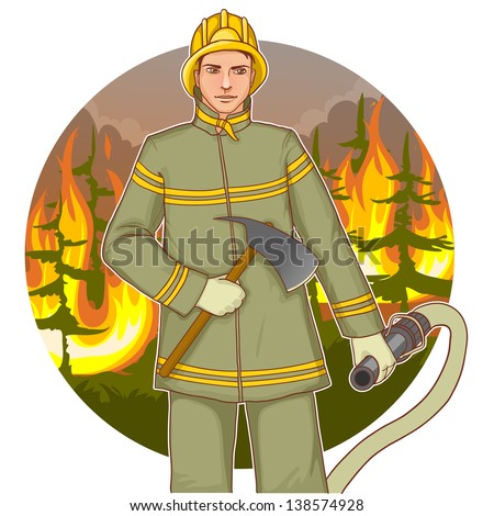 Firefighter with a fire hose and axe against a fire, eps10