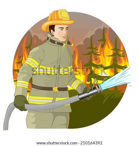 Vector image of a young firefighter who extinguishes a fire with a fire hose, eps10