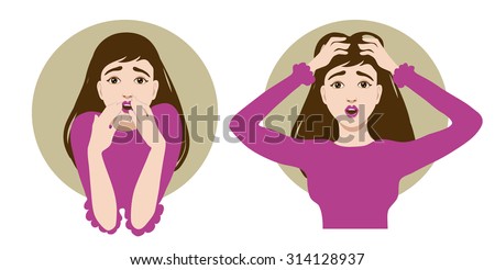 Two images of a scared cartoon young woman, one clutches her head in horror, another closes her mouth with her hands, vector, eps10