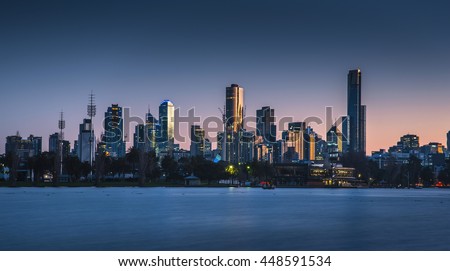 Dawn clear sky city skyline Melbourne lake park