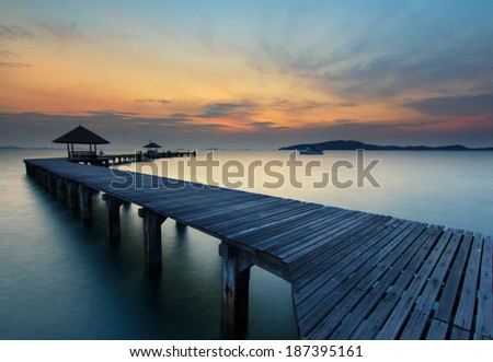 The long bridge over the sea with a beautiful sunrise, Rayong, Thailand