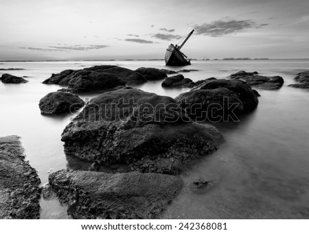 The wrecked ship in black and white , Thailand