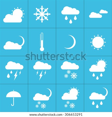 Flat design icons for weather: sun, clouds, rain, rain and thunderstorms, partly cloudy, cloudy, temperature, umbrella, rain, snow, night, the thermometer, the moon.