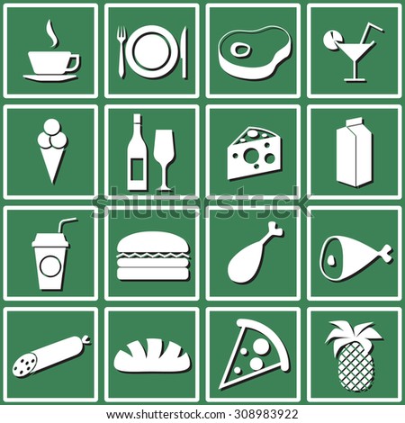Icons food, coffee, meat, drink, ice cream, wine, cheese, milk, drinks, hamburger, chicken, ham, sausage, bread, pizza. Design flat.