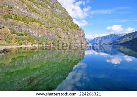 Fjord Naeroyfjord in Flam, Norway - UNESCO Site - nature and travel background