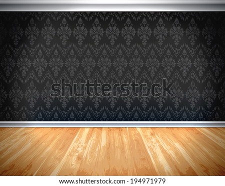 Dark wallpaper pattern wall with decorative white moldings, natural light wooden board floor